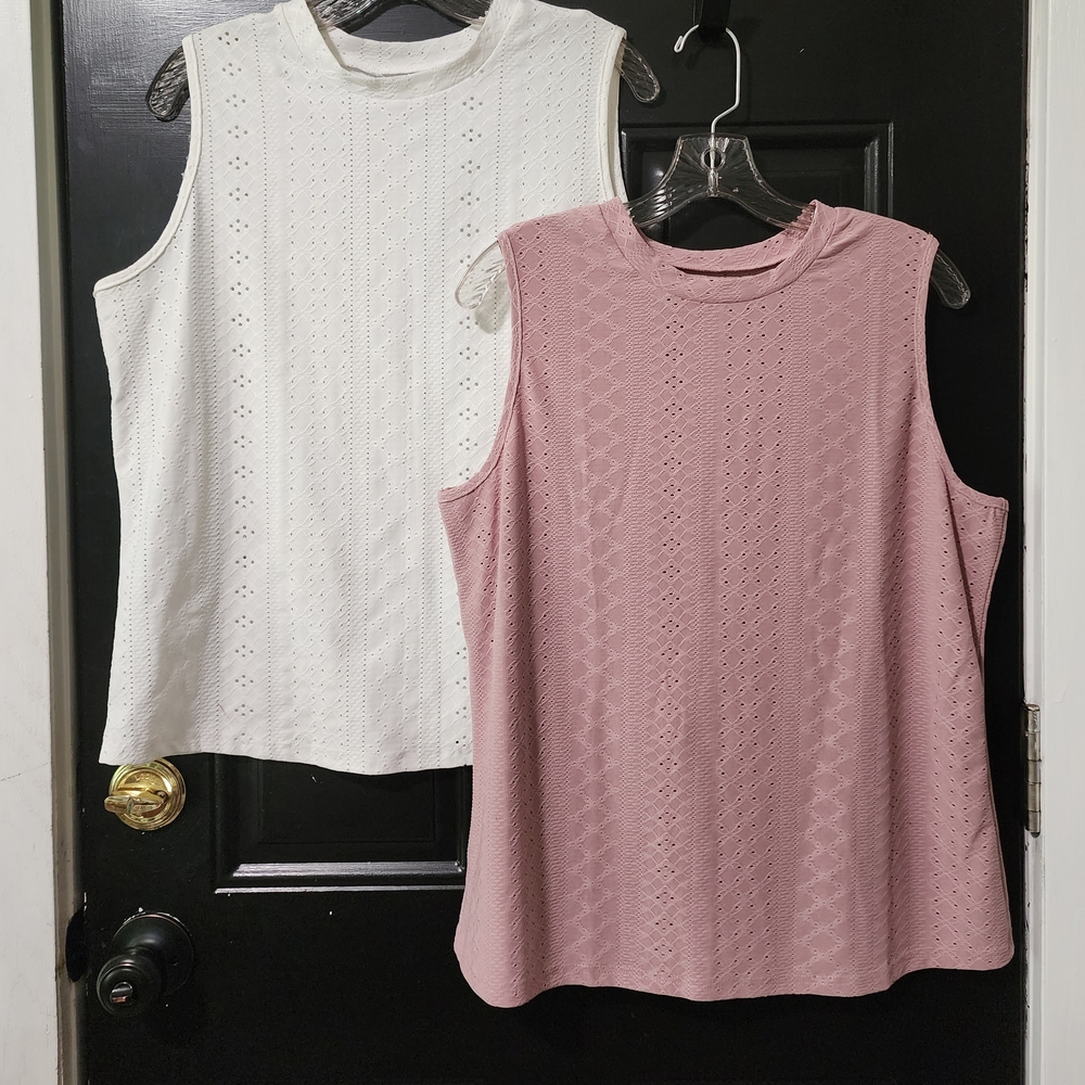 Sleeveless Eyelet Tops - White and Pink